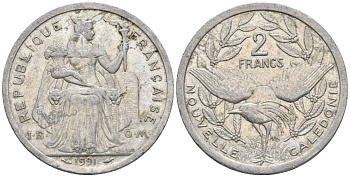 Французская Новая Каледония 2 франка 1991 птица кагу, (IEOM) KM 14, Schoen 11, Lec 67 алюминий    27-1244