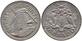 Барбадос 25 центов 1987 ветряная мельница Моргана Льюиса KM 13 медно-никель 4398-425