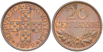 ПОРТУГАЛИЯ 20 СЕНТАВО 1972 KM 595 бронза 214-133