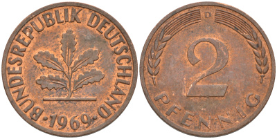 ФРГ 2 пфеннига 1969 D KM 106а, J. 381а сталь плакированная медью 55-1222