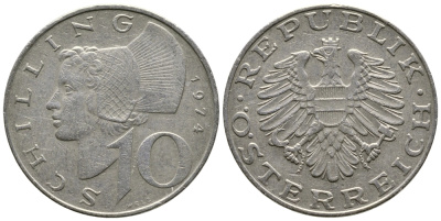 Австрия 10 шиллингов 1974 KM 2918 никель плакированный медно-никелем 4606-921