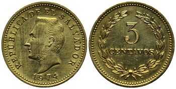 Сальвадор 3 сентаво 1974 год тип, Франсиско Морасан KM 148 никель-латунь UNC 4577-1231