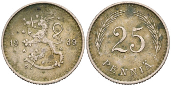 ФИНЛЯНДИЯ 25 ПЕННИ 1939 S KM 25 медно-никель 192-1161