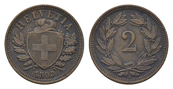 Швейцария 2 раппена 1893 KM 4 бронза 4625-965