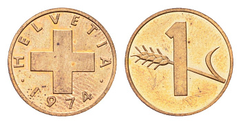 Швейцария 1 раппен 1974 KM 46 бронза UNC 4708-257