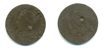 ФРАНЦИЯ 5 САНТИМОВ 1856 K, НАПОЛЕОН III (1852-1870) KM 777.5, LA FRANC 116.34 бронза 23-1325