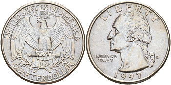 США 25 центов = квотер 1997 D, Вашингтон KM А164а медь плакированная медно-никелем 190-426