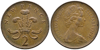 Великобритания 2 пенса 1971 Елизавета II (1952-2022) KM 916, Spink 4235 (C1) бронза 87-651
