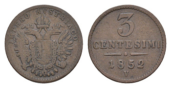 Ломбардия-Венеция 3 чентезимо 1852 V, Франц Иосиф I (1848-1916) C 30.2 медь 1518-311