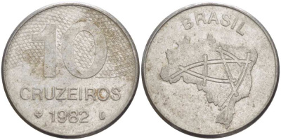 Бразилия 10 крузейро 1982 карта Бразилии KM 592.1 нержавеющая сталь 4388-235