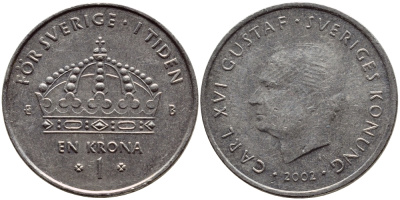 Швеция 1 крона 2002 Карл XVI Густав (1973- ) KM 894 медно-никель 4364-1525