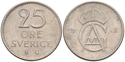 Швеция 25 эре 1962 U, Густав VI Адольф (1950-1973) KM 836 медно-никель 4147-1121