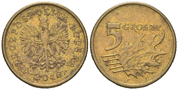 Польша 5 грошей 2010 MW Y 278 марганец латунь 4618-259