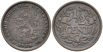 Нидерланды 1/2 цента 1928 Вильгельмина (1890-1948) KM 138 бронза 4588-955