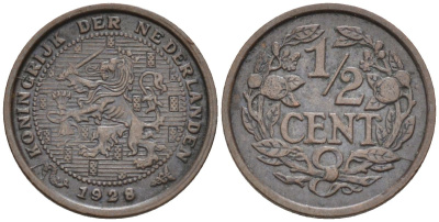 Нидерланды 1/2 цента 1928 Вильгельмина (1890-1948) KM 138 бронза 4588-955