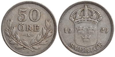 Швеция 50 эре 1929 G, Густав V (1907-1950) KM 788 серебро 4179-936