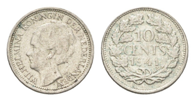 Нидерланды 10 центов 1941 Вильгельмина I (1890-1948) KM 163 серебро 4659-1169