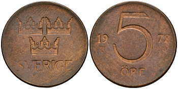 Швеция 5 эре 1972 Густав VI Адольф (1950-1973) KM 845 бронза 4189-933