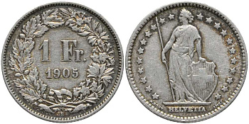 Швейцария 1 франк 1905 B КМ 24 серебро 202-544