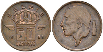 Бельгия 50 сантимов 1969 Belgie, Бодуэн I (1951-1993) KM 149.1 бронза 4564-157