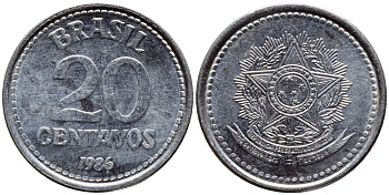 Бразилия 20 сентаво 1986 герб KM 603, Schon 112 нержавеющая сталь 4396-344
