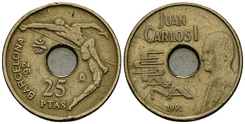 Испания 25 песет 1991 Олимпийские игры в Барселоне 1992 года, прыжки в высоту, Хуан Карлос I (1975-2014) KM 851 никель бронза 4167-125