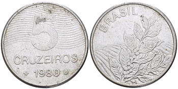 БРАЗИЛИЯ 5 КРУЗЕЙРО 1980 РЕФОРМА 1967-1985, КОФЕ KM 591 нержавеющая сталь 4382-1247