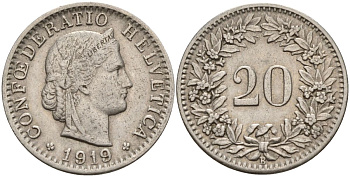 Швейцария 20 раппенов 1919 KM 29 никель 4152-565