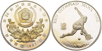 Южная Корея 1000 вон 1987 XXIV летние Олимпийские Игры, Сеул 1988 - Теннис KM 47 медно никель  PROOF   1076-10-43