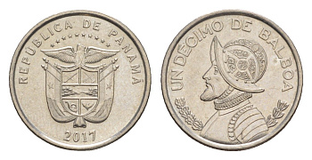 Панама 1/10 бальбоа (10 сентесимо) 2017 тираж 2.000.000 экземпляров KM 127.2 медь плакированная медно-никелем UNC 4644-216