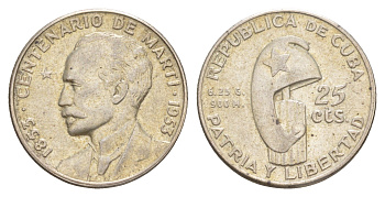 Куба 25 сентаво 1953 100 лет со дня рождения Хосе Марти KM 27 серебро 4595-122