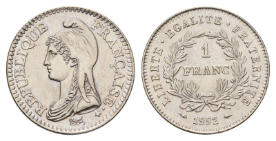 Франция 1 франк 1992 200 лет Французской республике KM 1004.1, Le Franc 229.2 никель 3459-825