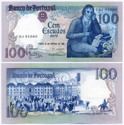 ПОРТУГАЛИЯ 100 ЭСКУДО 1984 31 ЯНВАРЯ 1984, МАНУЭЛЬ МАРИЯ БАРБОЗА ду БОГАЖЕ, ПОРТУГАЛЬСКИЙ ПОЭТ Pick 178с бумага UNC (ПРЕСС) 7486-23-1-2