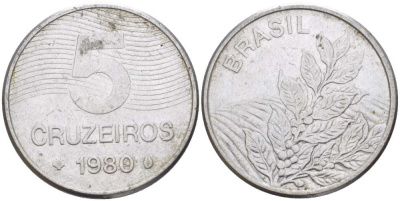 БРАЗИЛИЯ 5 КРУЗЕЙРО 1980 РЕФОРМА 1967-1985, КОФЕ KM 591 нержавеющая сталь 4382-1247