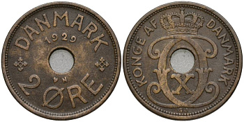ДАНИЯ 2 ЭРЕ 1929 N;GJ, КРИСТИАН X (1912-1947) KM 827.2 бронза 27-452