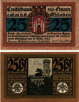 ХАНН МЮНДЕН 25 ПФЕННИГОВ 1921 НОТГЕЛЬД, 1 ИЮЛЯ 1921 - 31 МАРТА 1922, ЗЕМЛЯ БАДЕН-ВЮРТЕМБЕРГ Grabowski 577.1 бумага 8608-12-3-1