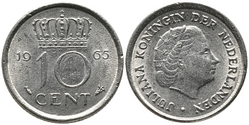Нидерланды 10 центов 1965 Юлиана (1949-1980) KM 182 никель 4609-768
