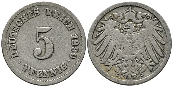 ГЕРМАНИЯ 5 ПФЕННИГОВ 1890 J KM 11, J. 12 медно-никель 39-634