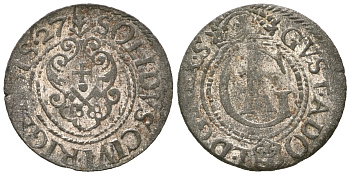 Ливония, Рига, шведская оккупация солид (шиллинг) 1627 Густав II Адольф (1621-1632) Ahlstroem 14, Haljak II 1465, Fed 725, Neum 50, KM 9 серебро    4169-664