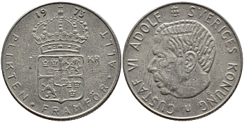 Швеция 1 крона 1973 Густав VI Адольф (1950-1973) KM 826а медь плакированная медно-никелем 4395-1055