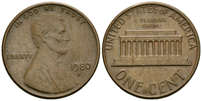 США 1 цент 1980 D, Авраам Линкольн KM 201 медь цинк 4136-166
