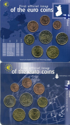 Финляндия евронабор из 8 монет 1999-2001 в пластиковой запайке биметалл UNC 7-3-1-10
