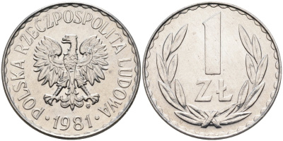 Польша 1 злотый 1981 MW, Народная Республика KM 49.1, Parchimowicz 213t алюминий UNC 4182-424