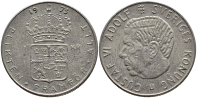 Швеция 1 крона 1973 Густав VI Адольф (1950-1973) KM 826а медь плакированная медно-никелем 4395-1055