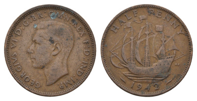 Великобритания 1/2 пенни 1942 Георг VI (1936-1952) KM 844, Spink 4115 бронза 4675-416
