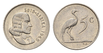 ЮАР 5 центов 1965 Ян ван Рибек (1619-1677), Suid Africa, легенда на африкаанс, райский журавль KM 67.2 медно-никель 4640-1051
