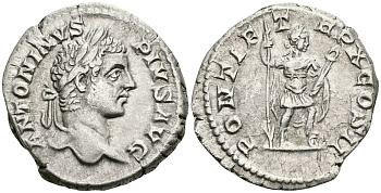 Римская Империя денарий 207 Каракалла PONTIF PM TRP X COS II император в доспехах Рим Good Very fine RIC 96 серебро 00-00-00