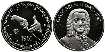 БЕЛЬГИЯ МЕДАЛЬ 1985 МЕЖДУНАРОДНЫЙ ГОД МУЗЫКИ, ДЖУЗЕППЕ ДОМИНИКО СКАРЛАТТИ (1685-1737), ДИАМЕТР 30 ММ., ВЕС 12 ГР. серебро PROOF 00-000-00