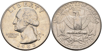 США 25 центов = квотер 1983 D, Вашингтон KM A164a медь плакированная медно-никелем 4584-1154