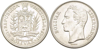 Венесуэла 1 боливар 1967 Симон Боливар KM 42 никель 4513-756